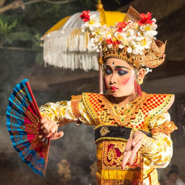 Bali, Indonesia - August, 15 2015: Ethnic girls dancing traditional dance